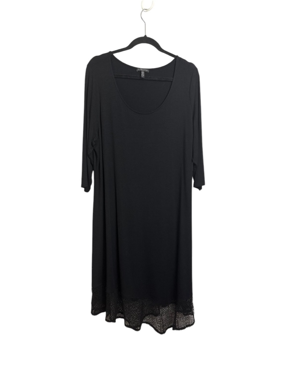 Eileen Fisher 2X black dress mesh detail at bottom fringe midi witchy plus curvy